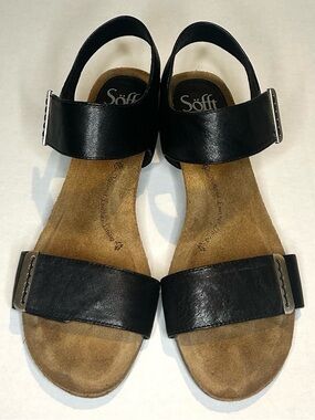 Söfft Size 10 Black Leather Women's Wedge Sandals - Comfort Footbed